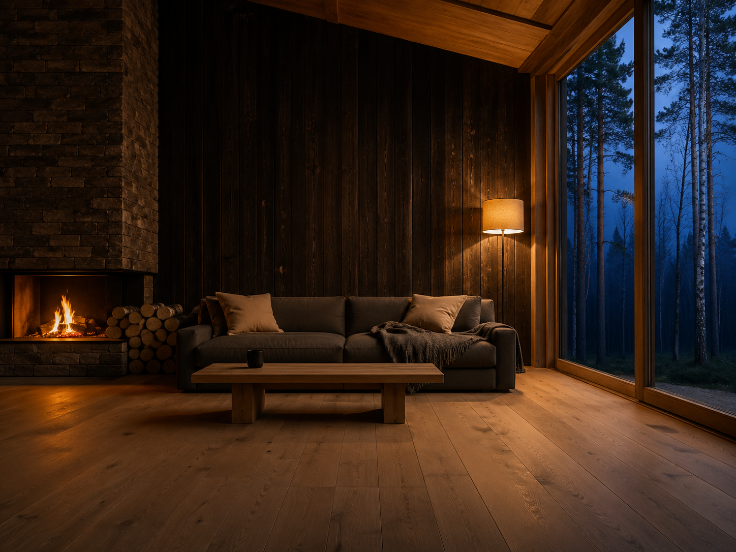 Wnętrze Arvo Forest - drewno, ciepłe światło i las za oknem o zmierzchu