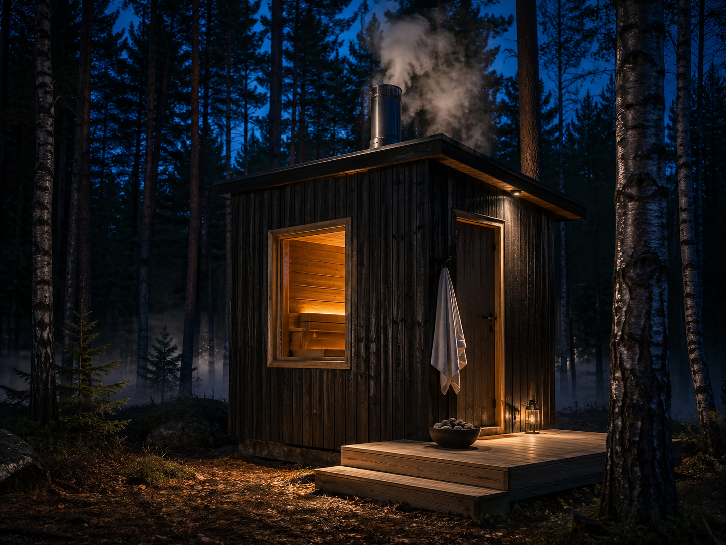 Prywatna sauna fińska w pawilonie Arvo Forest o zmierzchu